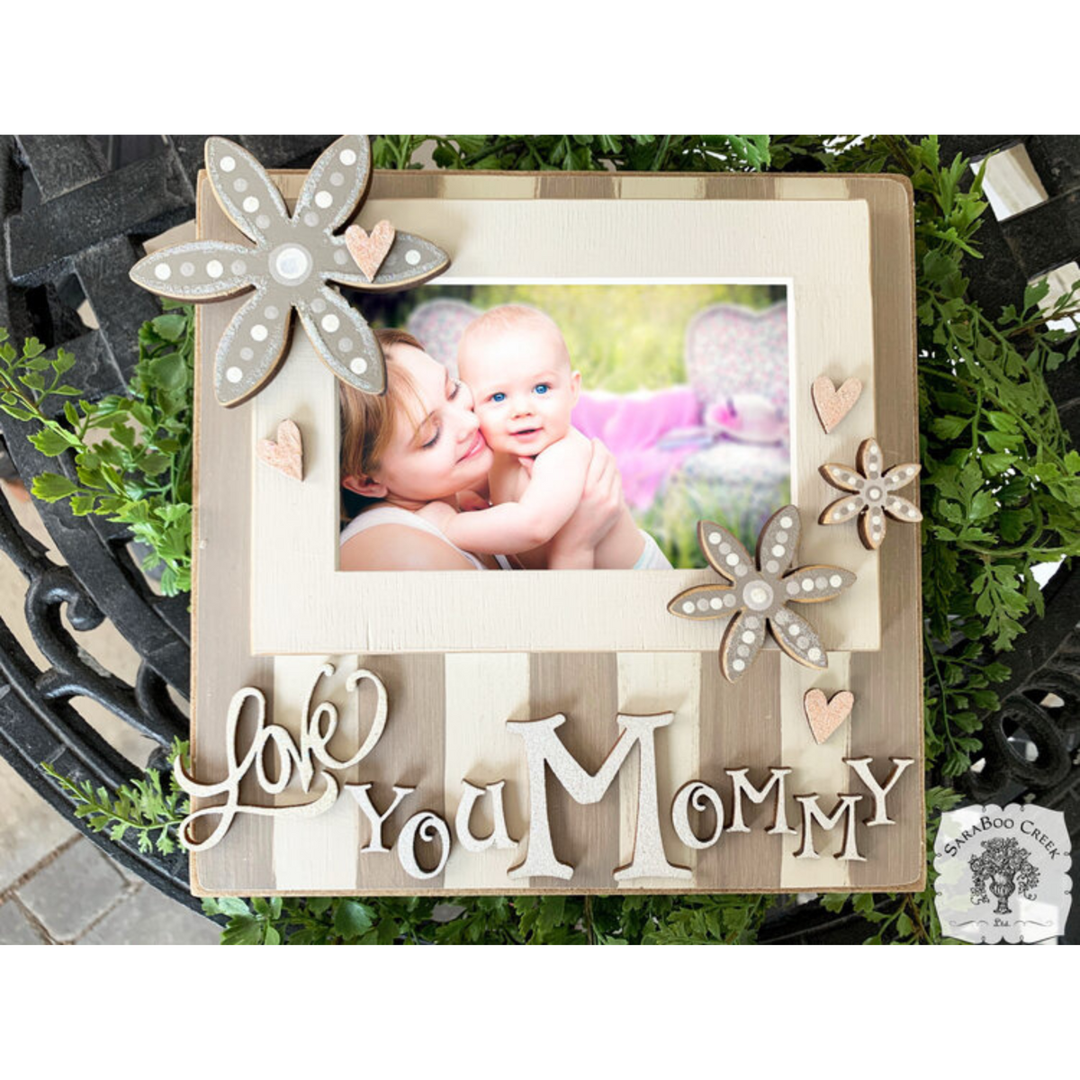 "Love You" Picture Frame - Customize for Mommy, Grandma, Mimi, Gigi, Any Name; Tabletop Striped Frame Base