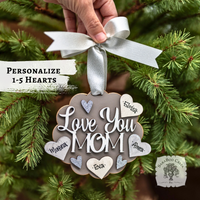 "Love You Mom" Ornament w/ 1-5 Personalized Hearts - Great Mom Gift from the Kids