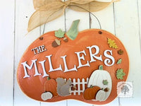 Fall Pumpkin Door Hanger w/ Fence & Squirrel - Personalized with Family Last Name