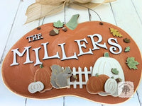 Fall Pumpkin Door Hanger w/ Fence & Squirrel - Personalized with Family Last Name