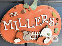 Fall Pumpkin Door Hanger w/ Fence & Squirrel - Personalized with Family Last Name