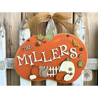 Fall Pumpkin Door Hanger w/ Fence & Squirrel - Personalized with Family Last Name