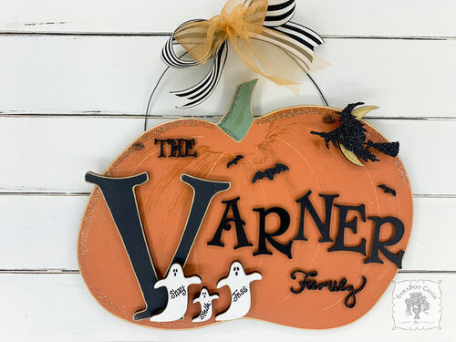 Pumpkin Halloween Family Sign - Personalized Orange Pumpkin Plaque with Last Name and Ghosts