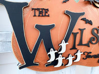 Pumpkin Halloween Family Sign - Personalized Orange Pumpkin Plaque with Last Name and Ghosts