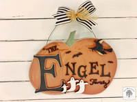 Pumpkin Halloween Family Sign - Personalized Orange Pumpkin Plaque with Last Name and Ghosts