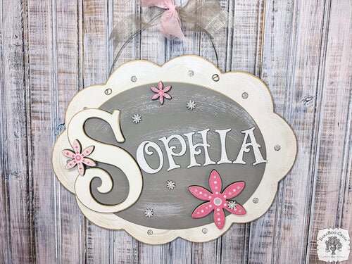 Floral Girl's Name Sign on Cute Layered Oval Plaque - Personalized Nursery or Girl's Room Decofr