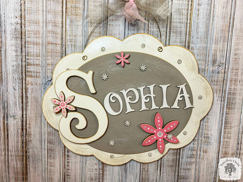 Floral Girl's Name Sign on Cute Layered Oval Plaque - Personalized Nursery or Girl's Room Decofr