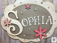 Floral Girl's Name Sign on Cute Layered Oval Plaque - Personalized Nursery or Girl's Room Decofr