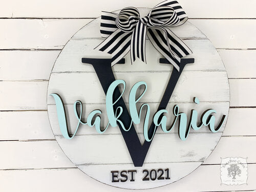 20" Round Sign with Initial, Overlapping Last Name, & Est Year - Great Family Gift