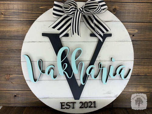 20" Round Sign with Initial, Overlapping Last Name, & Est Year - Great Family Gift