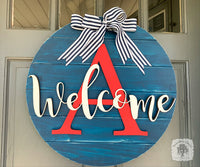 20" Round Sign Customized with Initial and Overlapping "Welcome"