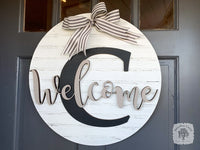 20" Round Sign Customized with Initial and Overlapping "Welcome"