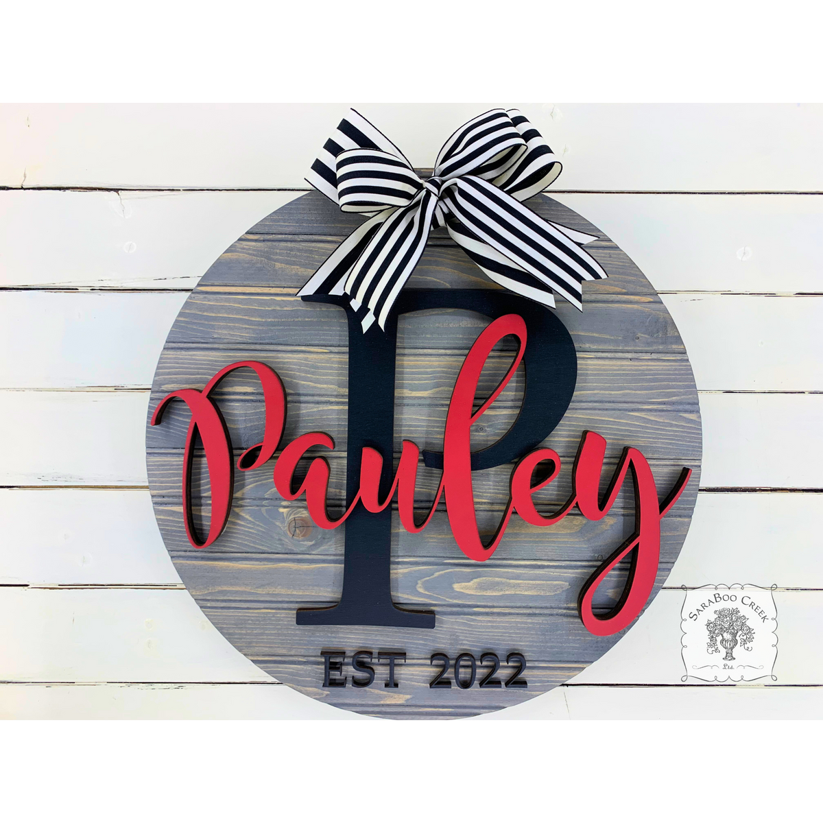 20" Round Sign with Initial, Overlapping Last Name, & Est Year - Great Family Gift