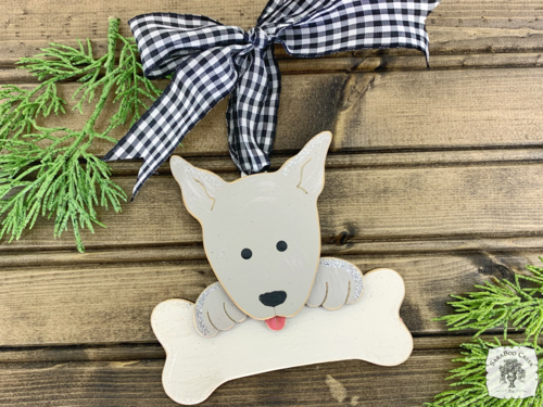 Gray Puppy Dog with Bone Ornament with Pointy Ears