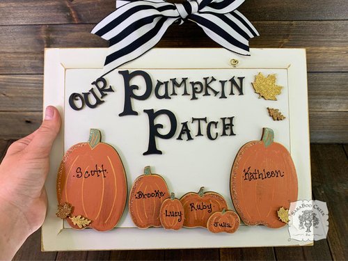 Our Pumpkin Patch Fall Plaque with Personalized Pumpkins - Family Front Door Sign