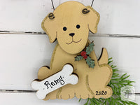 Dog Ornament with Personalized Bone and Holly; Cute New Puppy Ornament