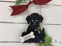 Dog Ornament with Personalized Bone and Holly; Cute New Puppy Ornament