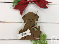 Dog Ornament with Personalized Bone and Holly; Cute New Puppy Ornament