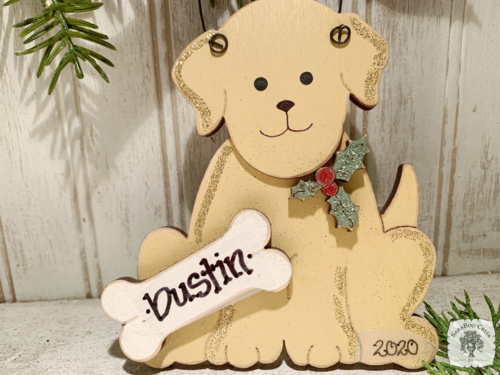 Dog Ornament with Personalized Bone and Holly; Cute New Puppy Ornament