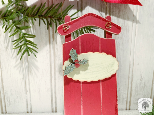 Red Sled Ornament - Traditional Christmas Sled with Personalized Tag and Holly