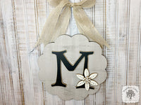 Rustic Scalloped Round Initial Sign with Hand Painted Flowers