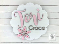 Scalloped Round Two Name Sign with Hand Painted Flowers on Wide Plank Background