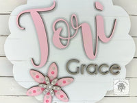 Scalloped Round Two Name Sign with Hand Painted Flowers on Wide Plank Background