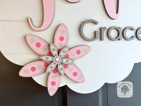 Scalloped Round Two Name Sign with Hand Painted Flowers on Wide Plank Background