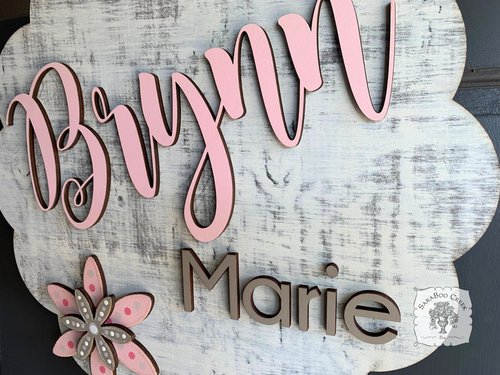 Scalloped Round Two Name Sign with Hand Painted Flowers with  Solid Background