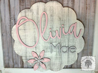 Scalloped Round Two Name Sign with Hand Painted Flowers with  Solid Background