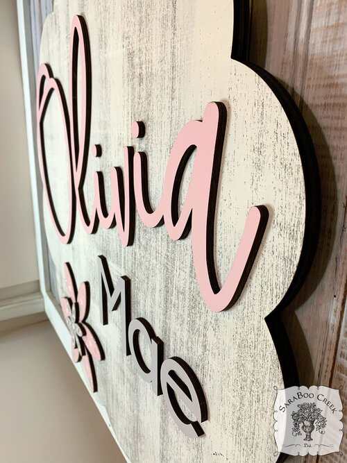 Scalloped Round Two Name Sign with Hand Painted Flowers with  Solid Background