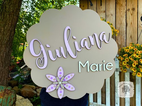 Scalloped Round Two Name Sign with Hand Painted Flowers with  Solid Background