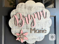 Scalloped Round Two Name Sign with Hand Painted Flowers with  Solid Background