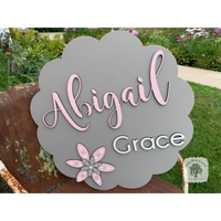 Scalloped Round Two Name Sign with Hand Painted Flowers with  Solid Background