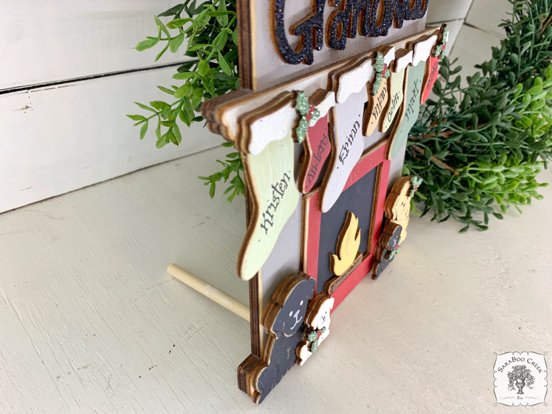 Standing Fireplace w/ Personalized Stockings & Pets or Presents and Choice of Wooden Word