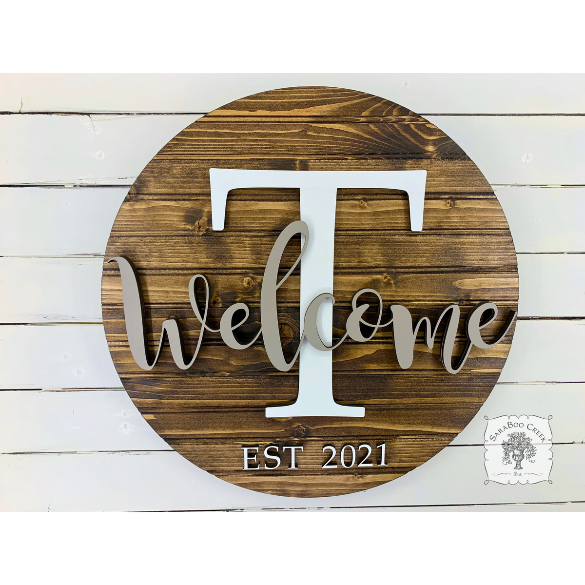 20" Round Customized Sign with Initial, Est Year, & Overlapping "Welcome"