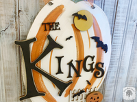 Funky Striped Halloween Pumpkin Sign - Personalized Family Last Name  Door Hanger