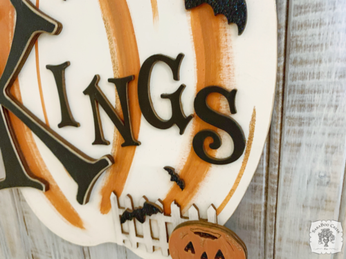 Funky Striped Halloween Pumpkin Sign - Personalized Family Last Name  Door Hanger