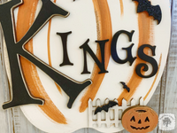 Funky Striped Halloween Pumpkin Sign - Personalized Family Last Name  Door Hanger