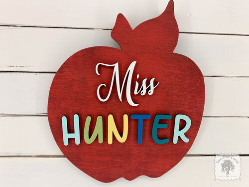 Custom Teacher Apple Name Sign - Personalized Teacher Gift, Classroom Door Sign