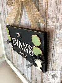 Family Last Name Plaque with Topiaries - Rustic Door Hanger