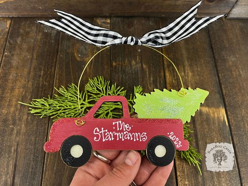 Truck with Tree Ornament, Personalized Red Christmas Truck Ornament