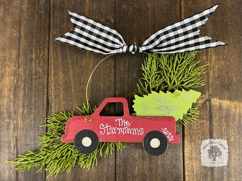 Truck with Tree Ornament, Personalized Red Christmas Truck Ornament