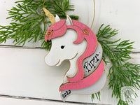 Unicorn Ornament - Personalized Wood Unicorn Gift in Blue or Pink