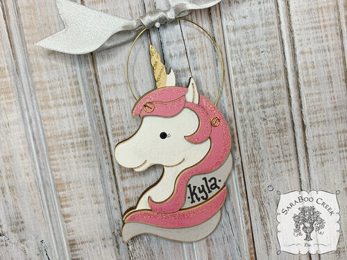 Unicorn Ornament - Personalized Wood Unicorn Gift in Blue or Pink