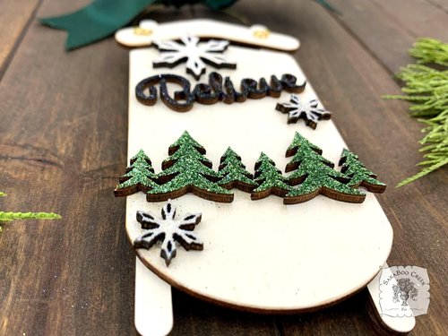 White Sled Christmas Ornament - Personalized Winter Scene with "Believe" & Pine Trees