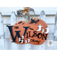 Pumpkin Halloween Family Sign - Personalized Orange Pumpkin Plaque with Last Name and Ghosts