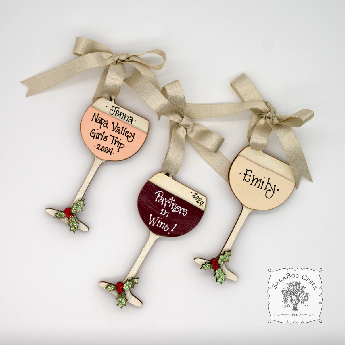 Wine Glass Ornament - Personalized Wine Gift in Red, Blush Rose or White