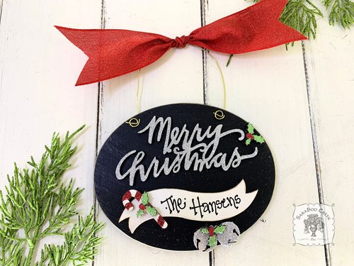 Merry Christmas Oval Ornament with Personalized Banner, Candy Cane and Bells