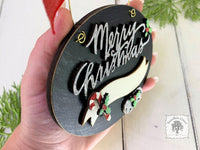 Merry Christmas Oval Ornament with Personalized Banner, Candy Cane and Bells